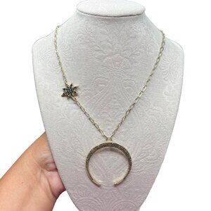 Star & Moon Pendant Necklace With Rhinestones Gold-Toned 18" Chain Lobster Clasp
